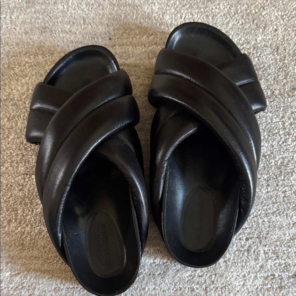 Pre-owned Jil Sander black leather chunky criss cross straps & platform sole.